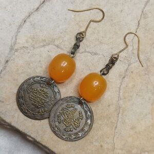Vintage Butterscotch Amber Earrings Oriental coins